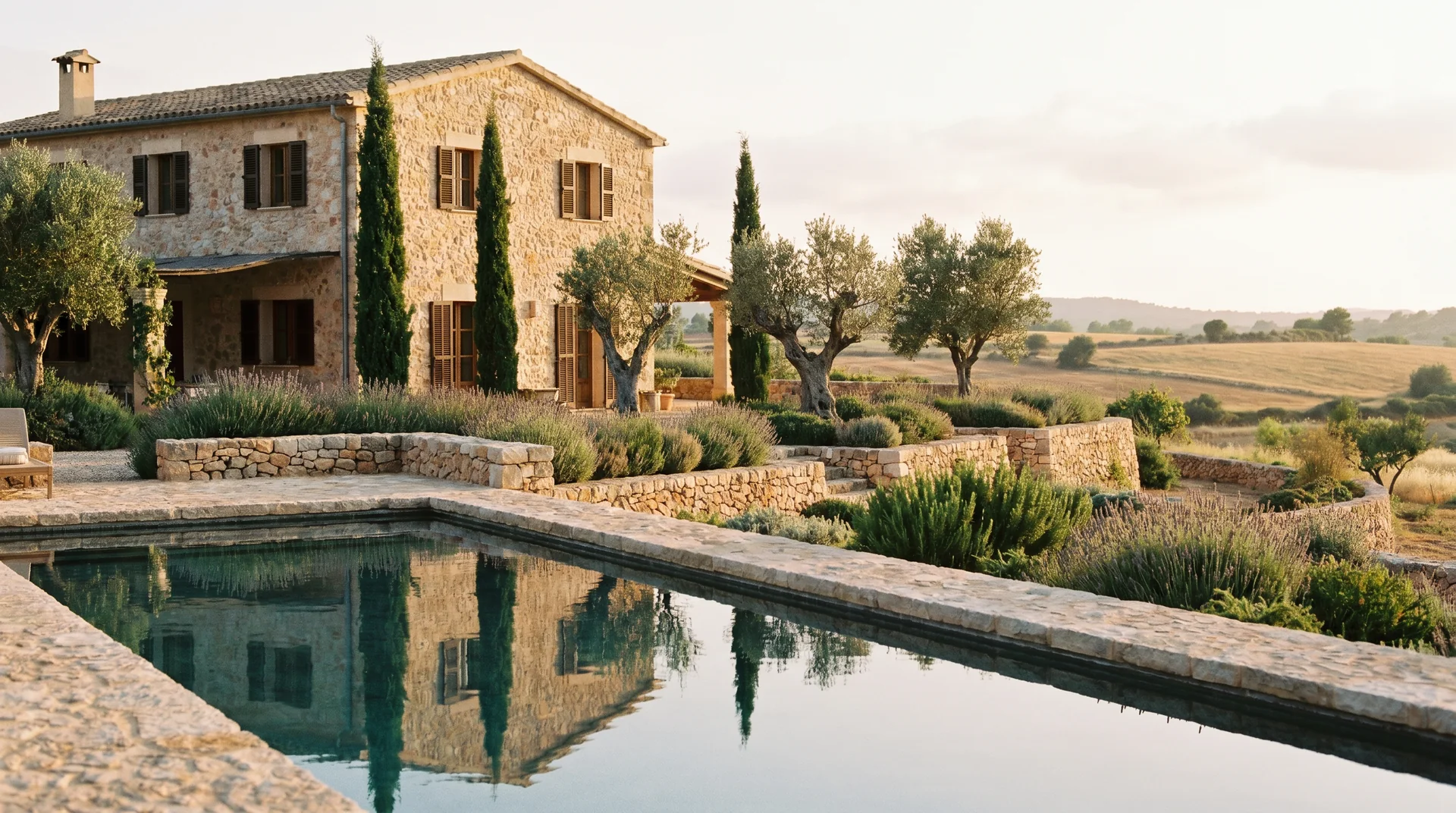 Restauriertes Finca-Hotel auf Mallorca mit Natursteinfassade, Pool und Olivenbäumen im Abendlicht