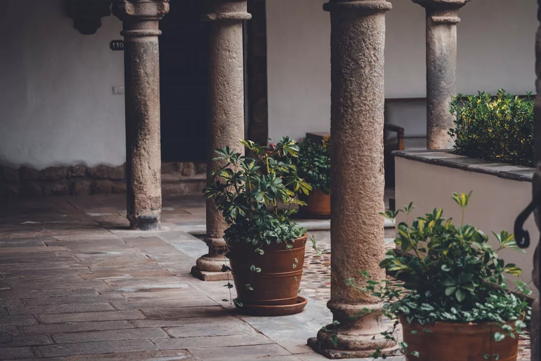 Steinsäulen säumen einen überdachten Gang im echten mallorquinischen Stil, mit grünen Topfpflanzen auf dem gefliesten Boden in einem charmanten Innenhof.