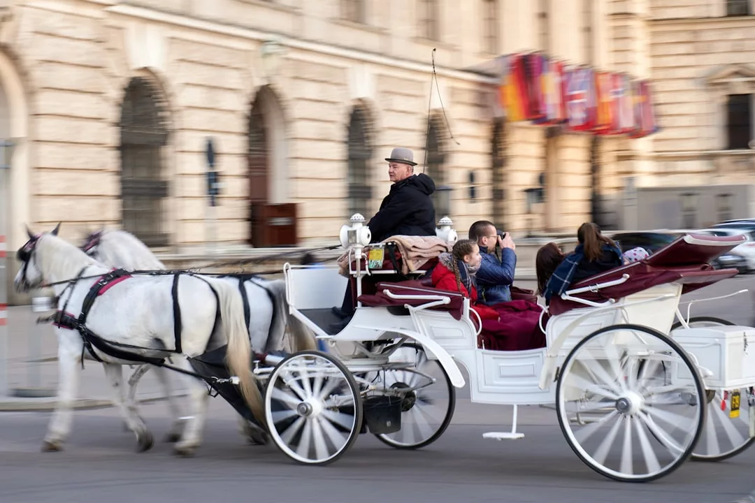 Ein weißes Pferd zieht eine weiße Kutsche mit einem Fahrer und drei Fahrgästen durch eine von historischen Steingebäuden und bunten Fahnen gesäumte Straße in Mallorca.